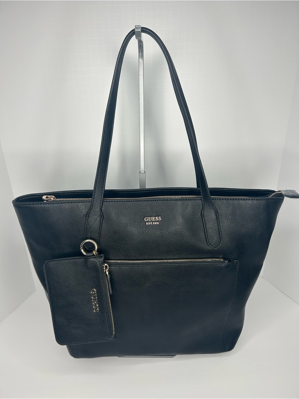 GUESS Rylan Black Leather Tote Bag with Zip Pouch
